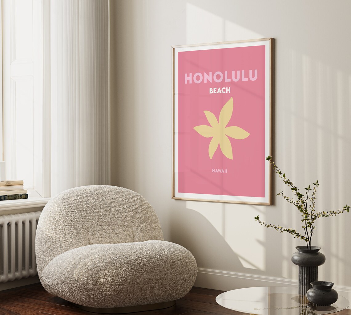 Honolulu Beach Hawaii Coral Pink Flower Starfish Travel Poster - Image 2