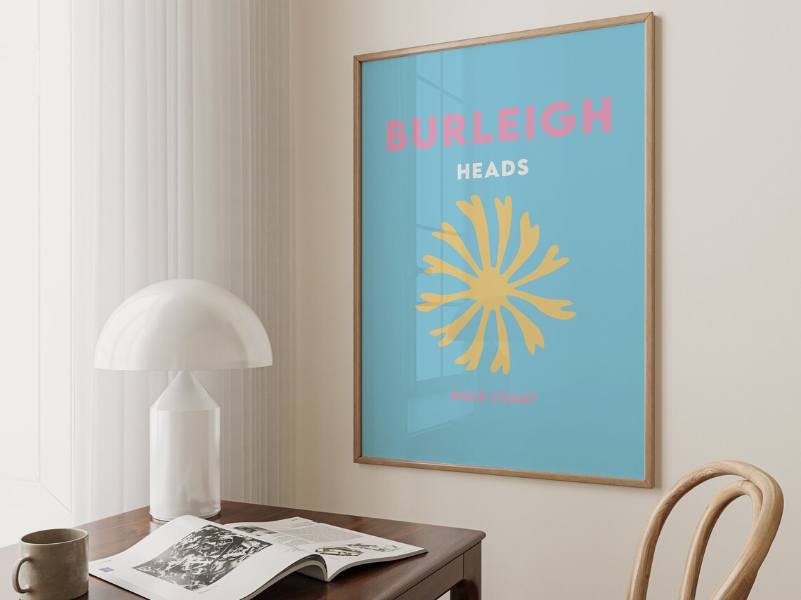 Burleigh Heads Gold Coast Blue Yellow Sunburst Travel Poster - Image 5