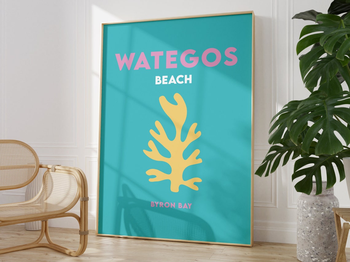 Wategos Beach Byron Bay Teal with Yellow Coral Travel Poster