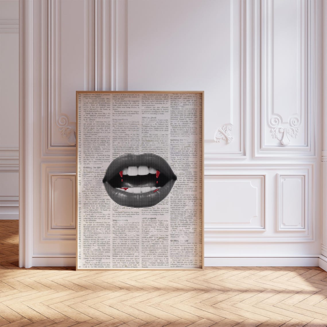 Vampire Teeth Bloody Fangs Halftone Lips Newspaper Horror Art Poster - Image 4