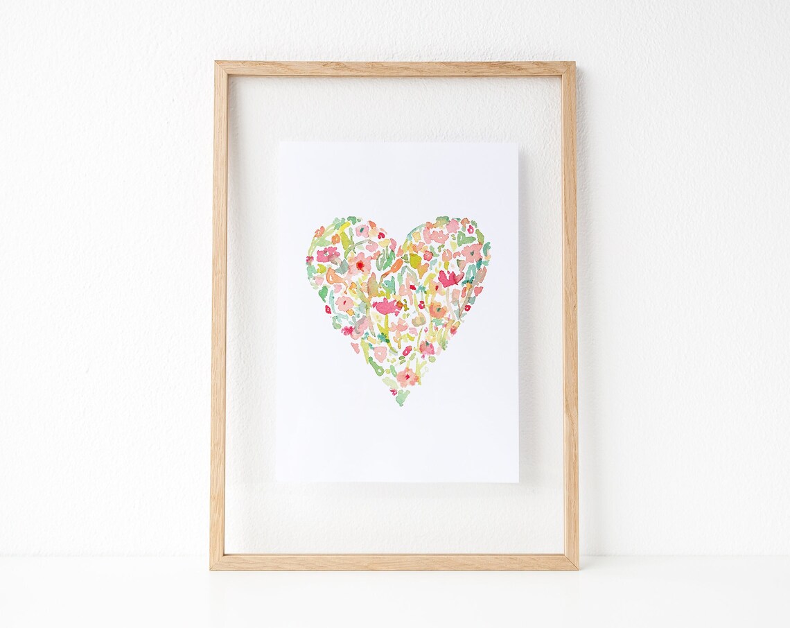 Soft Peach Pink Watercolor Floral Heart Valentines Day Art Print - Image 4