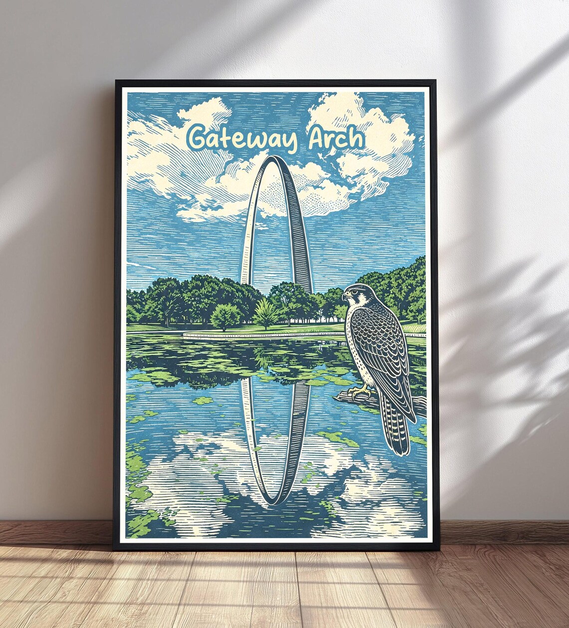Gateway Arch St Louis Travel Poster With Peregrine Falcon Woodcut Style