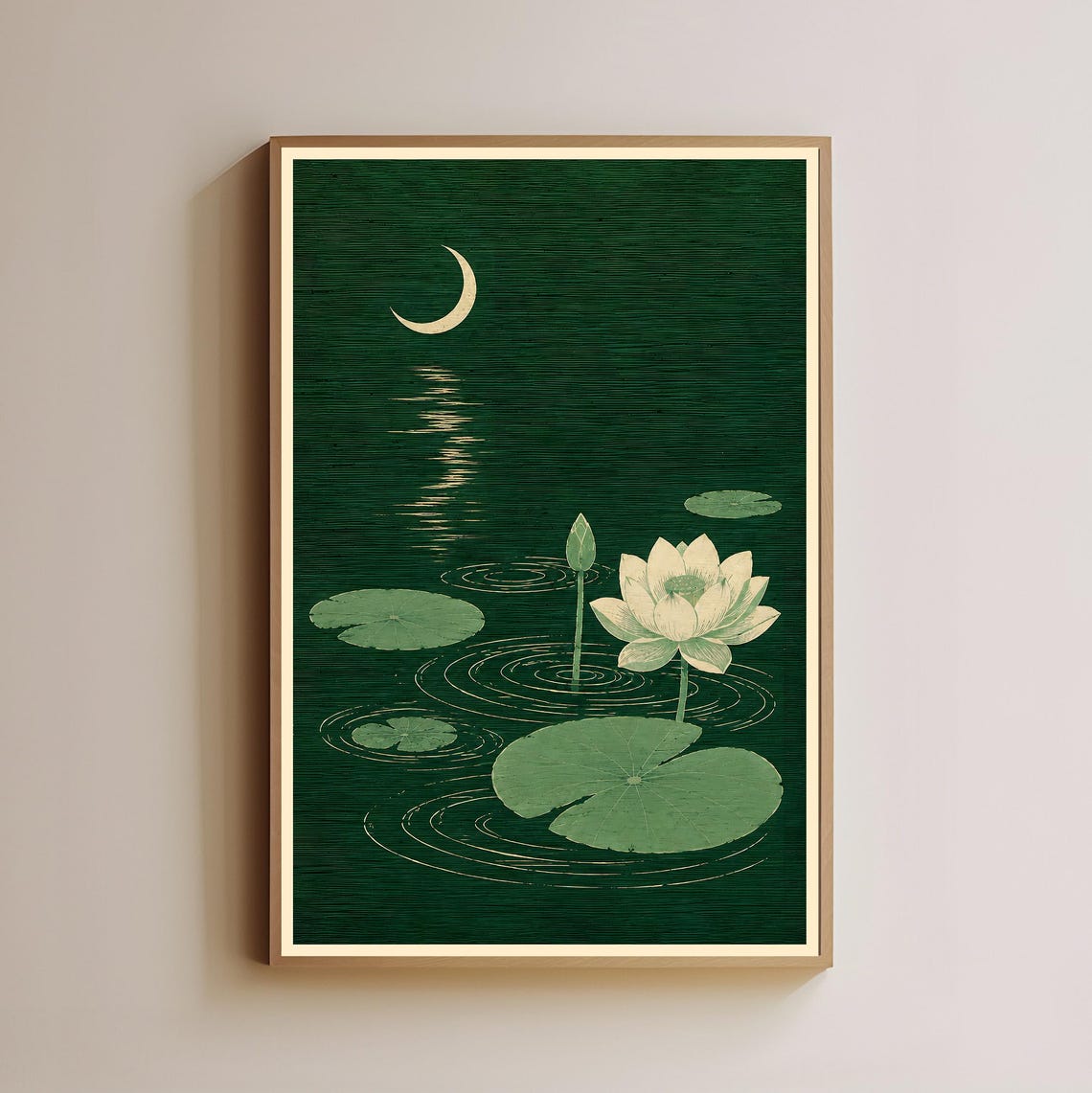 Moonlit Lotus Pond Lily Pads Crescent Moon Dark Green Art Poster