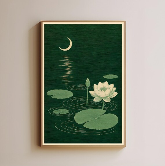 Moonlit Lotus Pond Lily Pads Crescent Moon Dark Green Art Poster