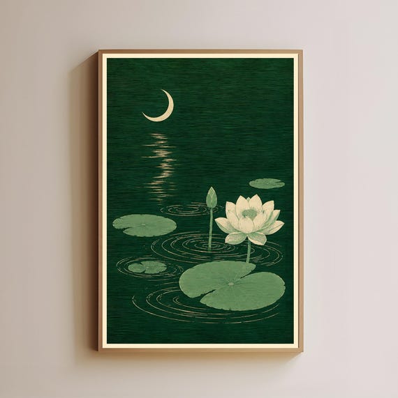 Moonlit Lotus Pond Print Lily Pads Wall Art Blooming Flower Decor Dark Green Nature Scene