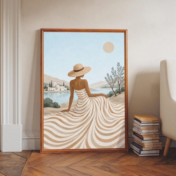 Boho Woman Print Mediterranean Village Wall Art Coastal Illustration Striped Dress