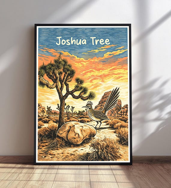 Joshua Tree National Park Poster Vintage Travel Print Desert Landscape Wall Art Roadrunner Sunset Decor
