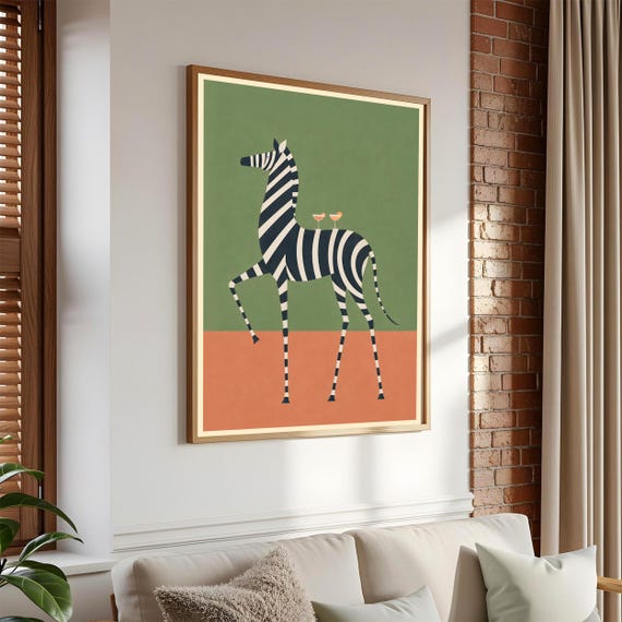 Mid Century Modern Zebra Print Cocktail Animal Wall Art Retro Bar Cart Decor Green Orange Abstract