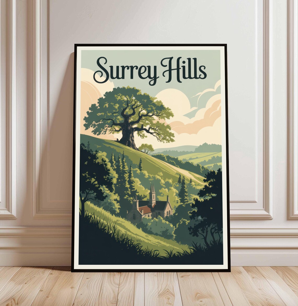 Surrey Hills England Vintage Travel Poster Green Countryside Art