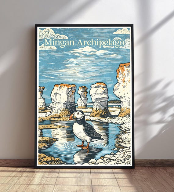Mingan Archipelago Travel Poster Puffin Bird Print Canada Wall Art Vintage Nature Decor Quebec