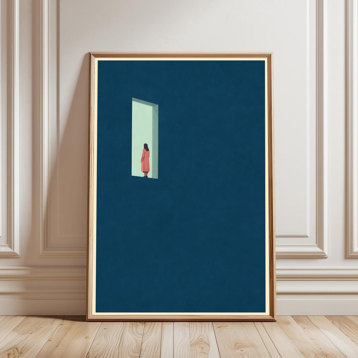 Woman In Red Coat At Glowing Doorway Minimalist Dark Blue Art Poster