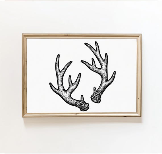 Deer Antler Wall Art Print Engraved Antlers Illustration Rustic Cabin Decor Wildlife Hunting Gift
