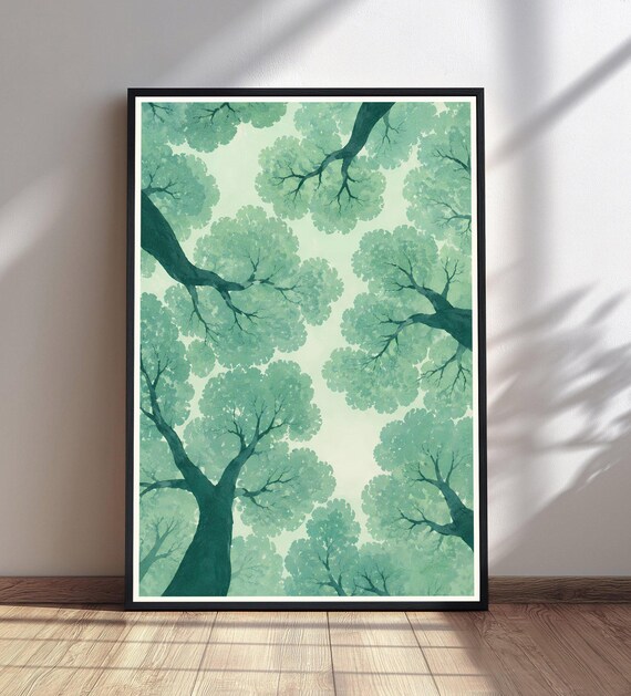 Green Forest Canopy Treetops Watercolor Nature View From Below Poster