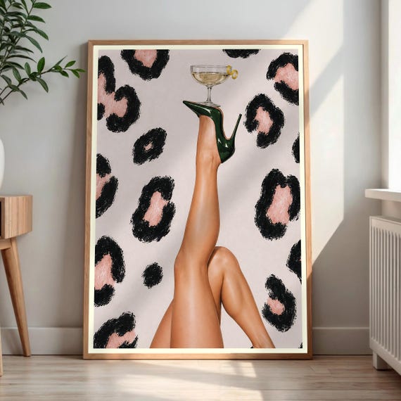Leopard Print High Heel Wall Art Martini Glam Decor Pink Black Fashion Poster Eclectic Maximalist