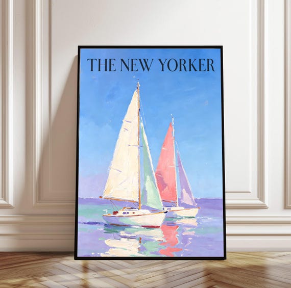 New Yorker Poster Sailboat Regatta Print Coastal Nautical Wall Art Midcentury Magazine Cover
