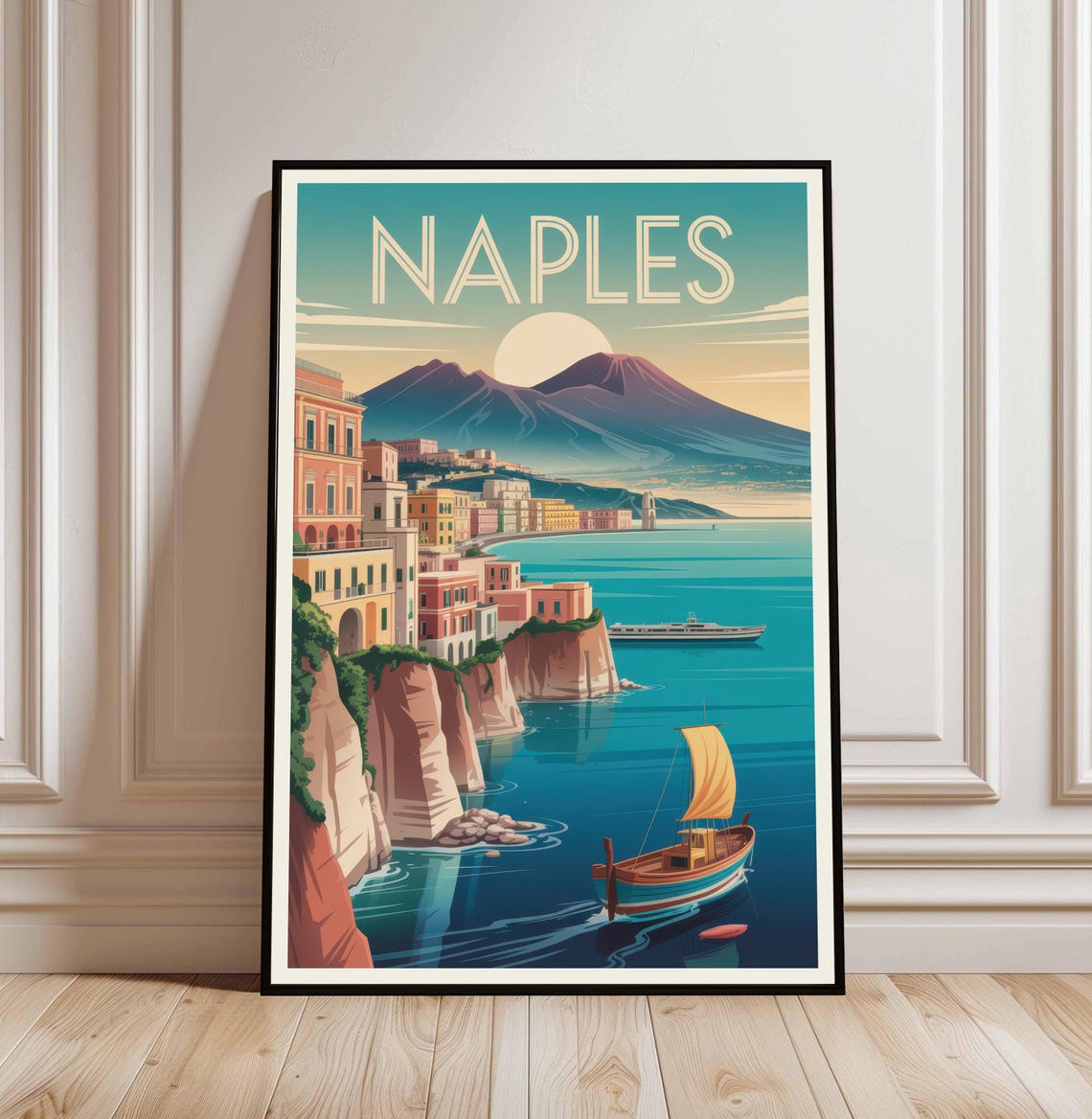 Naples Italy Vesuvius Bay Vintage Travel Poster Sailboat Coastal Art