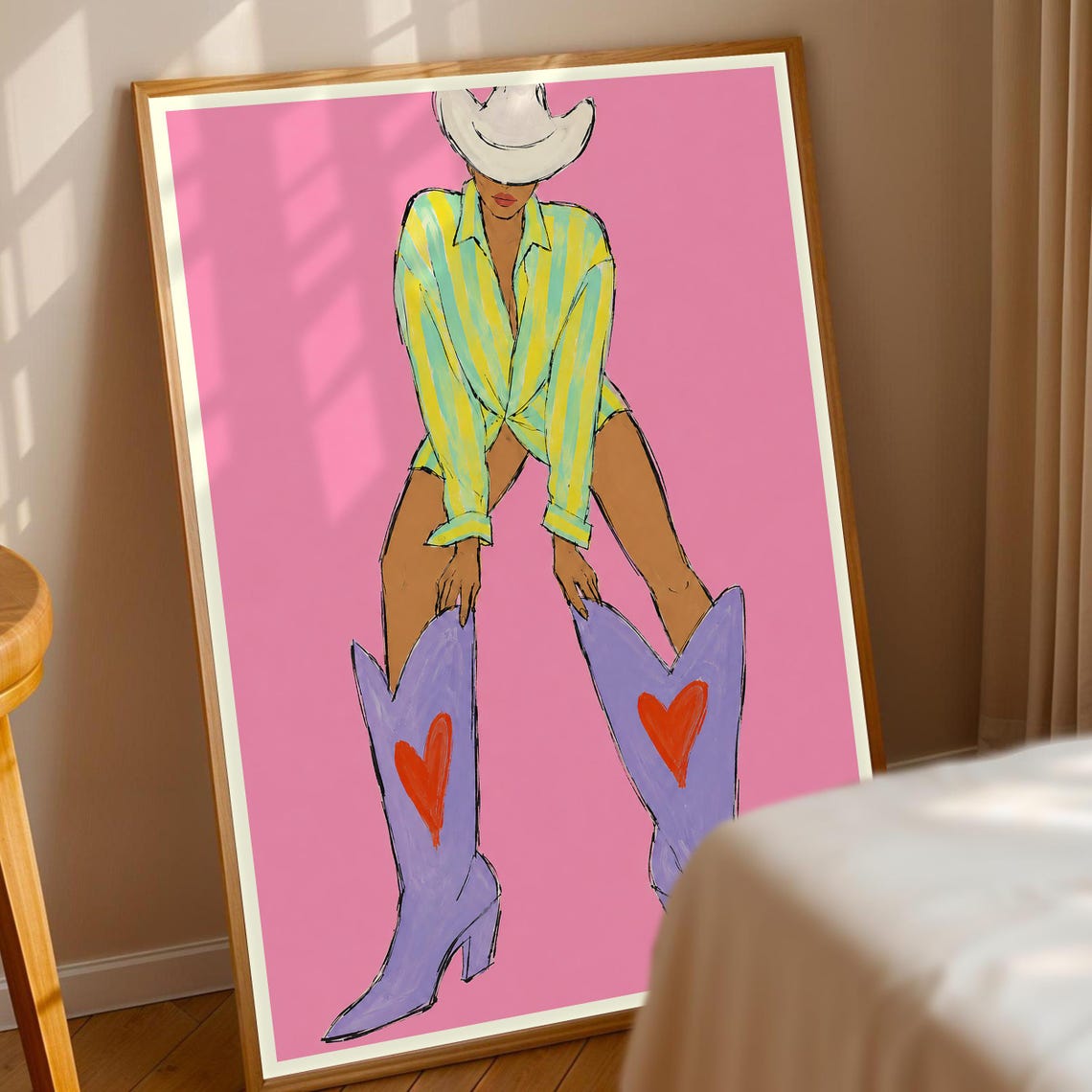 Pink Cowgirl With Heart Boots Western Fashion Illustration Poster