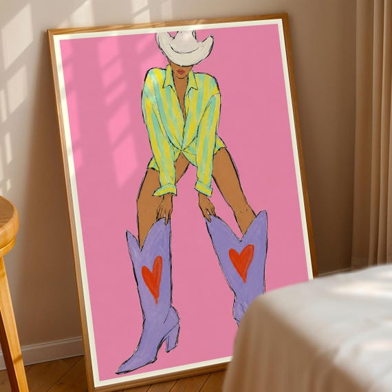 Cowgirl Hat Wall Art Purple Boots Western Decor Pink Background Print Girly Rodeo Poster