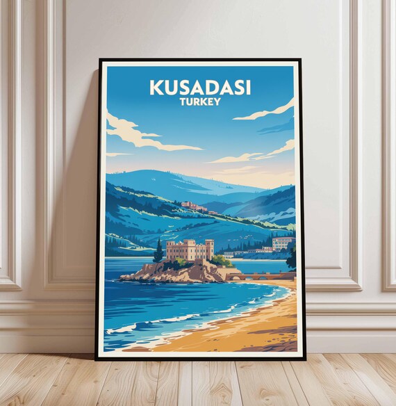 Kusadasi Turkey Coastal Castle Beach Vintage Travel Poster Art