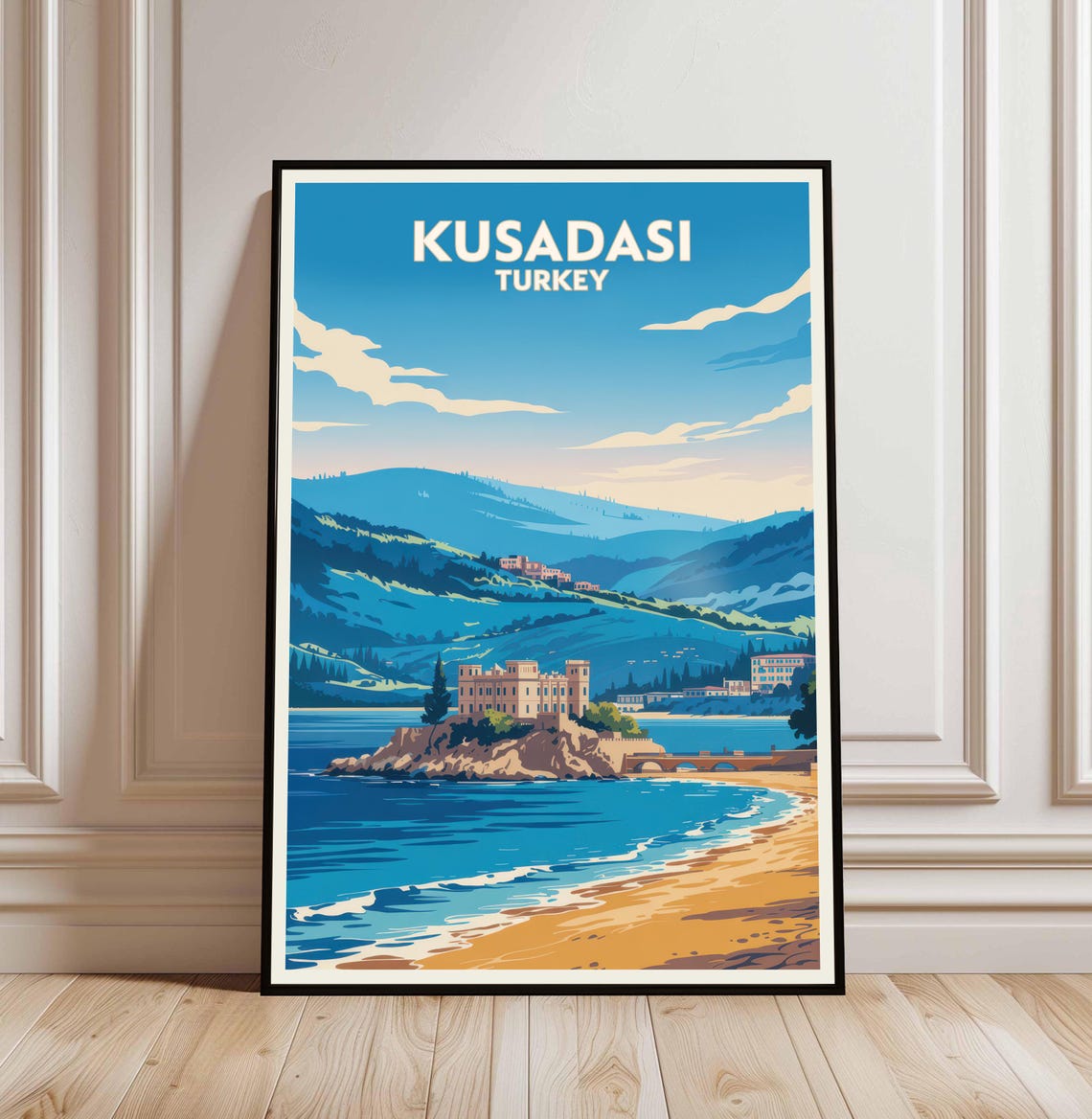 Kusadasi Turkey Coastal Castle Beach Vintage Travel Poster Art
