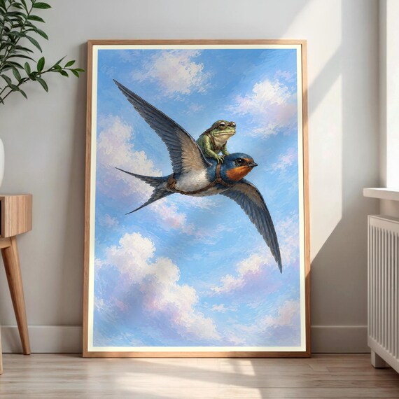 Frog Riding Swallow Aviator Goggles Whimsical Kids Room Poster