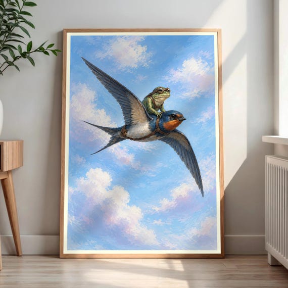 Frog Riding Swallow Print Whimsical Animal Wall Art Flying Goggles Kids Room Decor Nursery