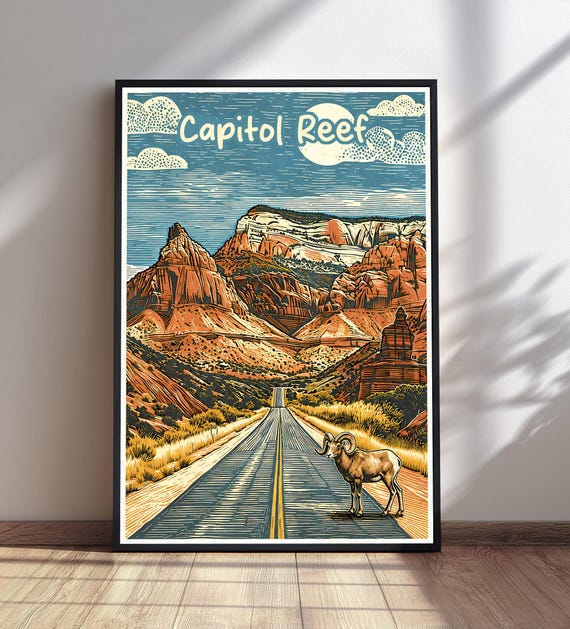 Capitol Reef National Park Print Vintage Travel Poster Desert Wall Art Bighorn Sheep Decor