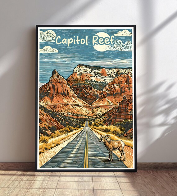Capitol Reef Utah Vintage Travel Poster Desert Road Red Rock Art