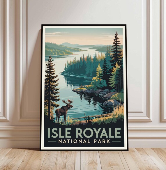 Isle Royale National Park Michigan Moose Lake Vintage Travel Poster