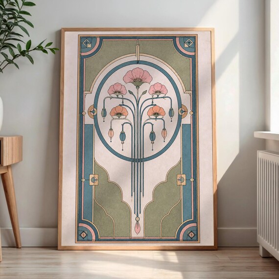 Art Nouveau Floral Print Pink Poppies Symmetrical Botanical Decor Art
