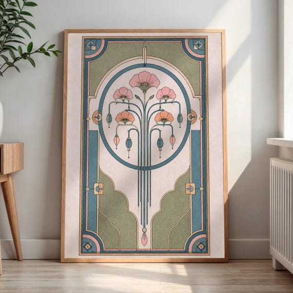 Art Nouveau Floral Print Stylized Pink Orange Flowers Green Beige Geometric Wall