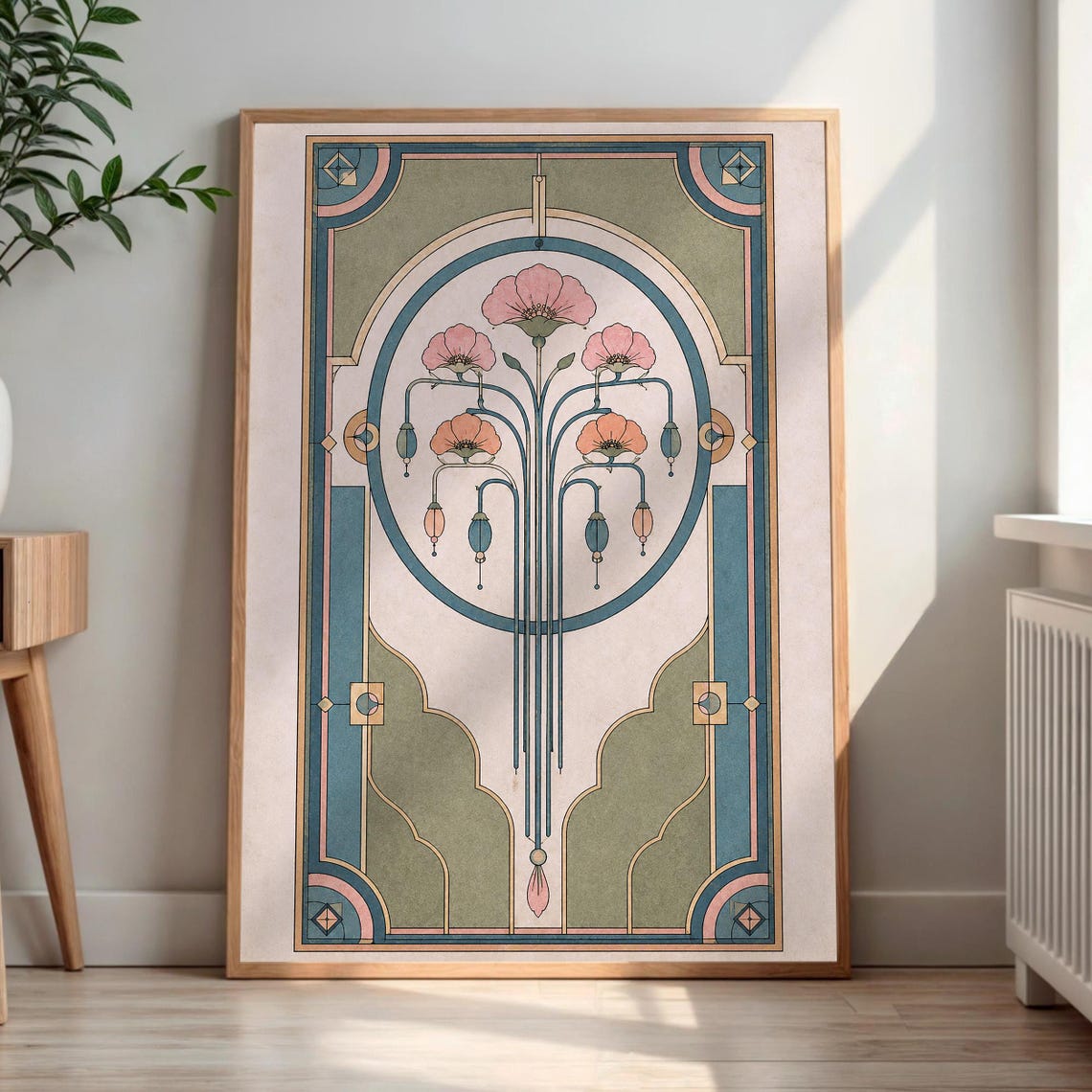 Art Nouveau Floral Print Pink Poppies Symmetrical Botanical Decor Art