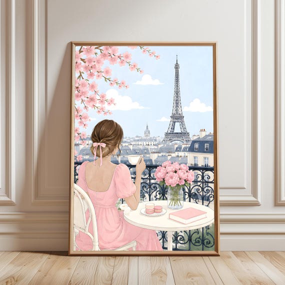 Paris Balcony Wall Art Eiffel Tower View Print Cherry Blossom Decor Feminine Tea Time