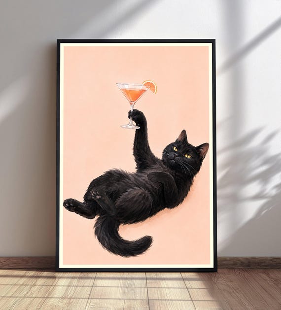Black Cat Cocktail Print, Funny Kitchen Decor