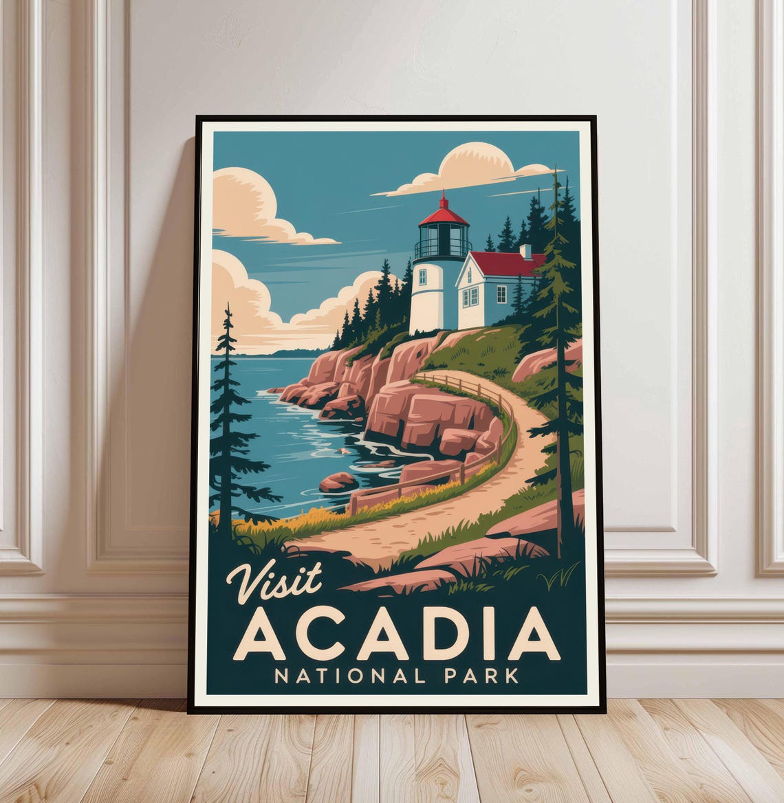 Visit Acadia National Park Maine Lighthouse Vintage Travel Poster