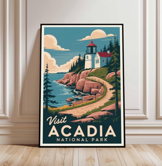 Visit Acadia National Park Maine Lighthouse Vintage Travel Poster