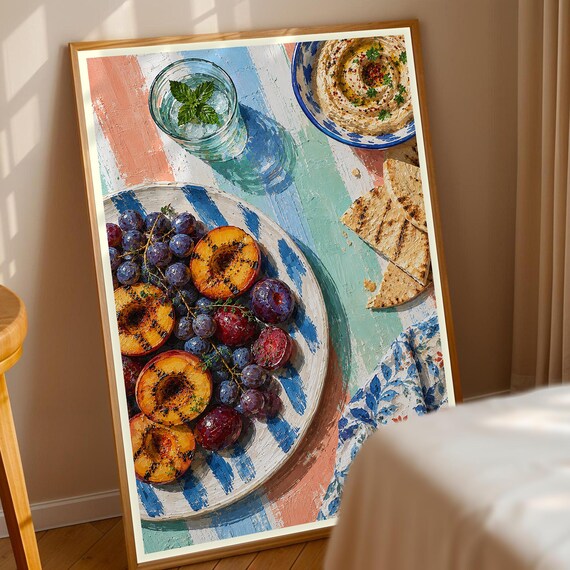 Grilled Peaches Plums Grapes and Hummus Table Food Art Poster