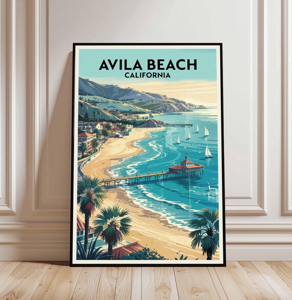 Avila Beach California Vintage Retro Coastal Pier Travel Poster