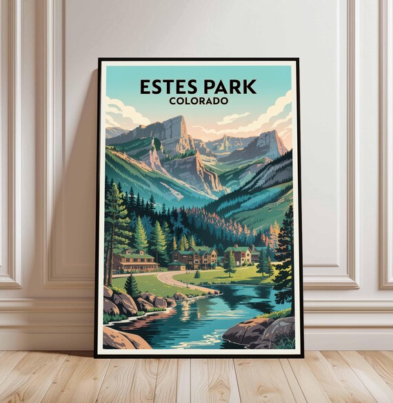 Estes Park Colorado Travel Poster Rocky Mountain Lodge Lake Vintage Scenery