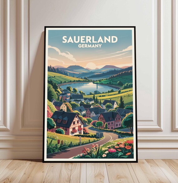 Sauerland Germany Travel Poster Green Hills Lake Village Vintage Scenery