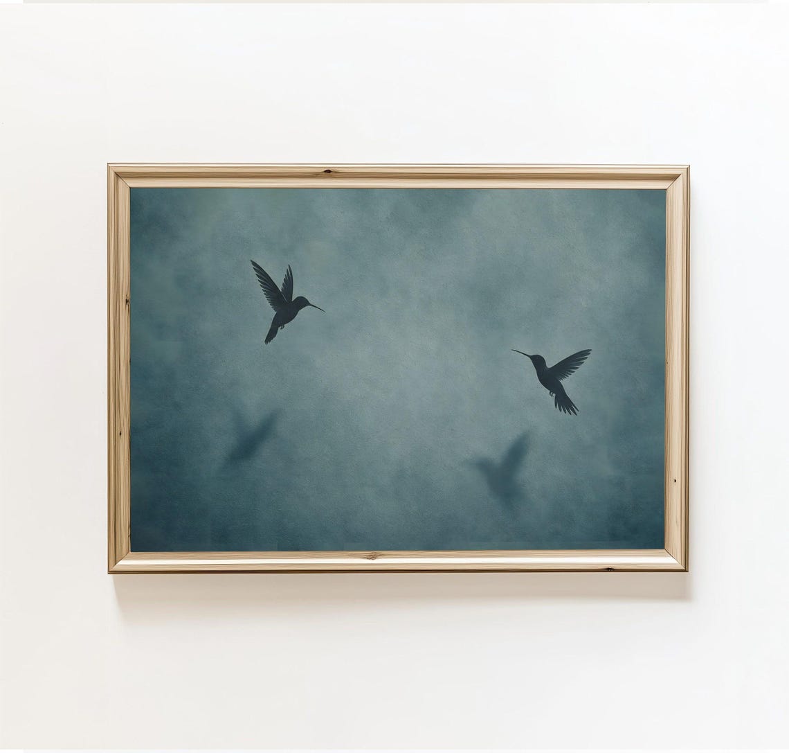 Hummingbird Silhouette Wall Art Teal Print Black Bird Decor Minimalist Flying Birds