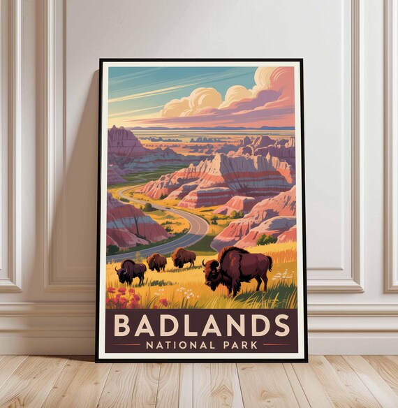 Badlands National Park Bison Sunset Vintage Style Travel Poster