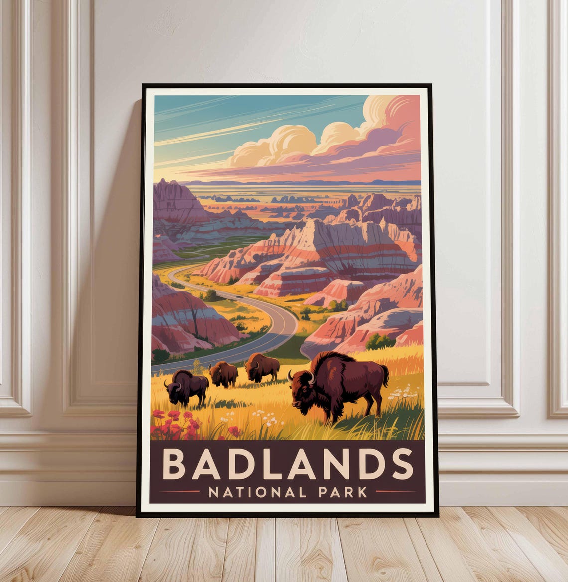 Badlands National Park Bison Sunset Vintage Style Travel Poster