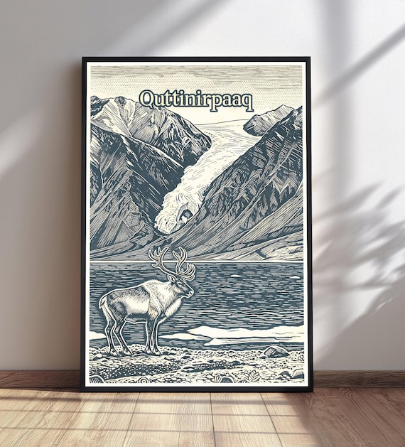 Quttinirpaaq Arctic Poster Caribou Glacier Fjord Woodcut Travel Art