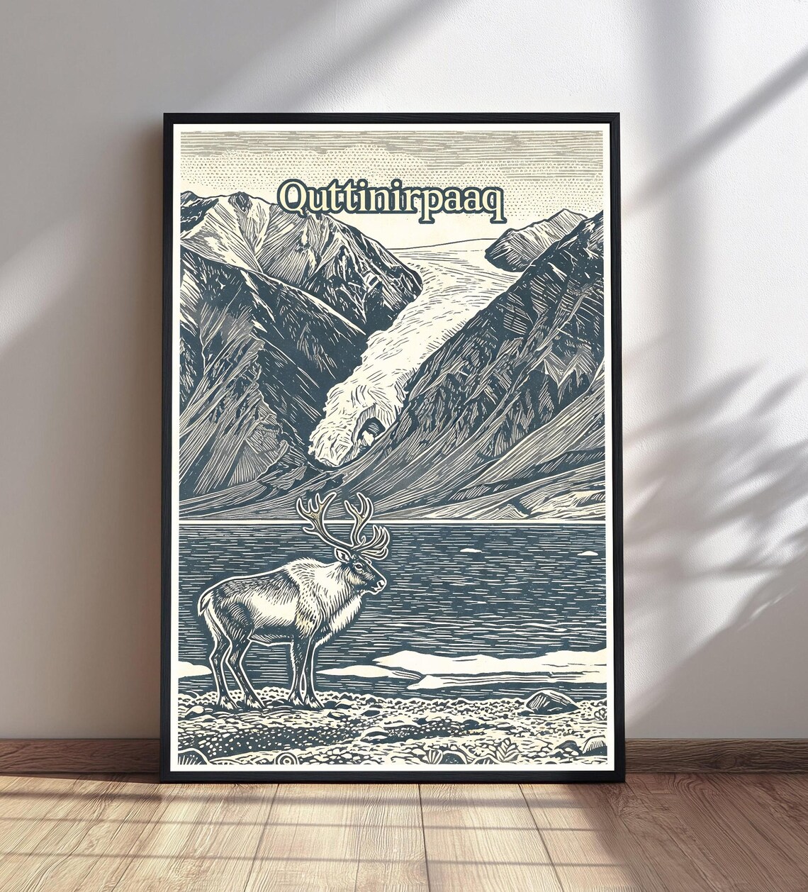 Quttinirpaaq Arctic Poster Caribou Glacier Fjord Woodcut Travel Art