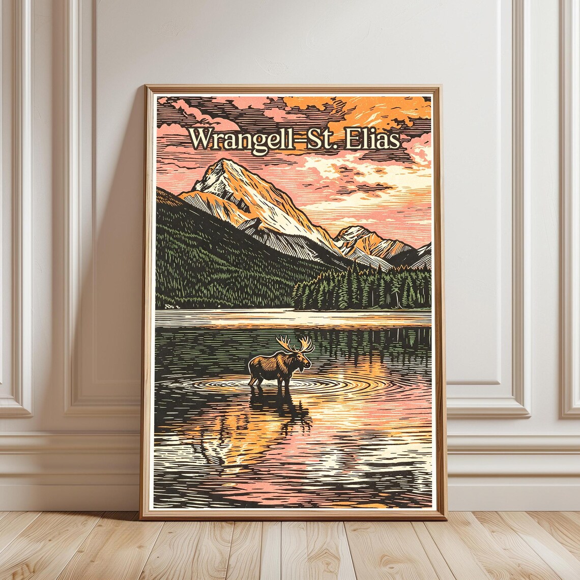Wrangell St Elias Alaska Vintage Travel Moose Lake Mountains Poster