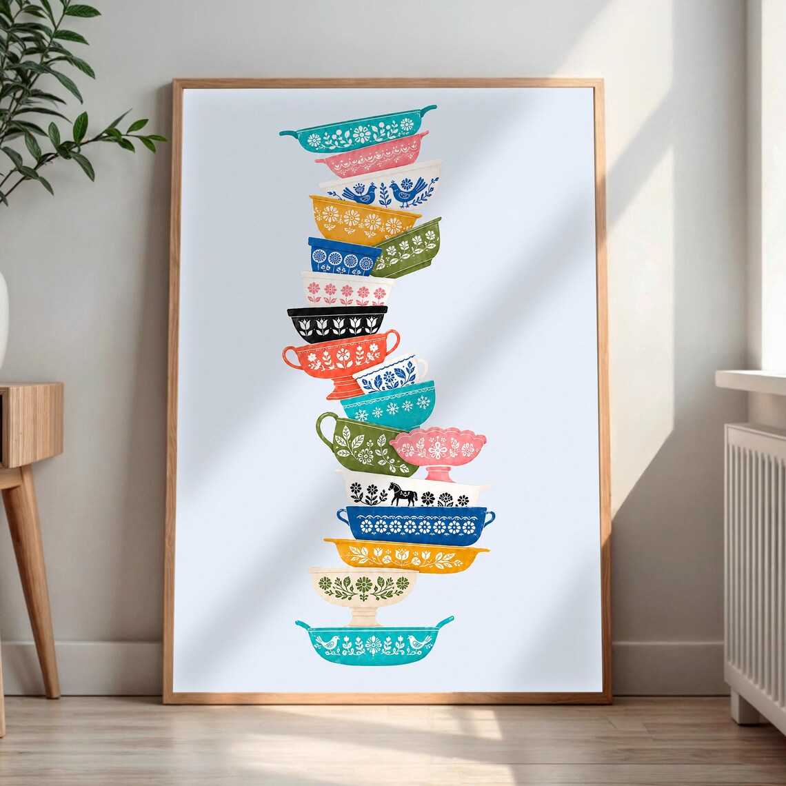 Vintage Pyrex Bowls Art Print, Retro Kitchen Decor