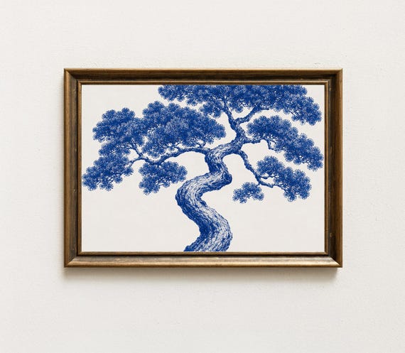 Bonsai Tree Wall Art Japanese Botanical Print Gnarled Trunk Foliage Blue Nature Decor