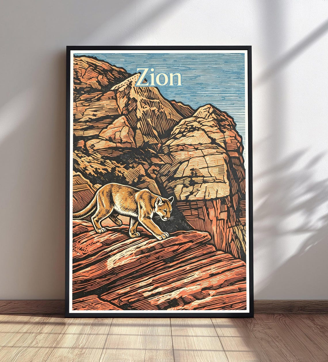 Zion Mountain Lion Walking Red Rock Canyon Vintage Woodcut Poster