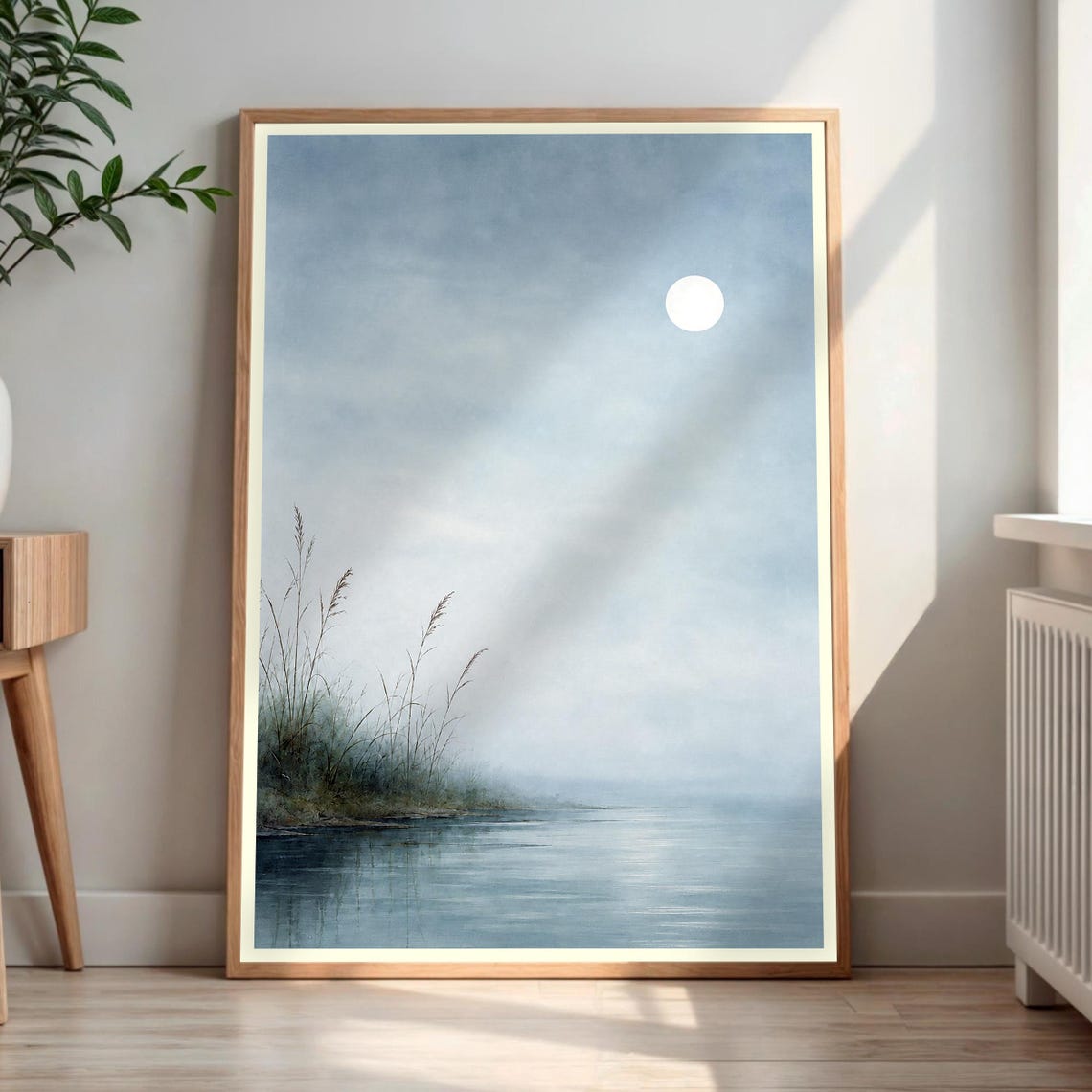 Full Moon Over Misty Lake Reeds Minimalist Calm Waters Wall Art